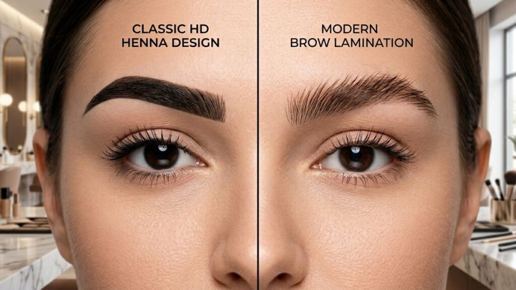 Na imagem mostra a comparação de uma clássica design a henna e uma sobrancelha moderna brow lamination. Design de Sobrancelhas ou Brow Lamination?