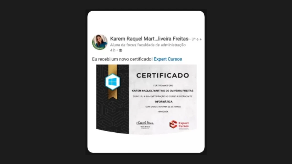 Imagem do depoimento de aluna do Curso de Informática Básica da Expert Cursos.