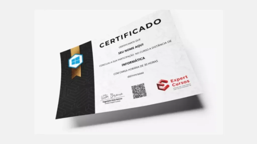 Imagem do certificado do Curso de Informática Básica da Expert Cursos.