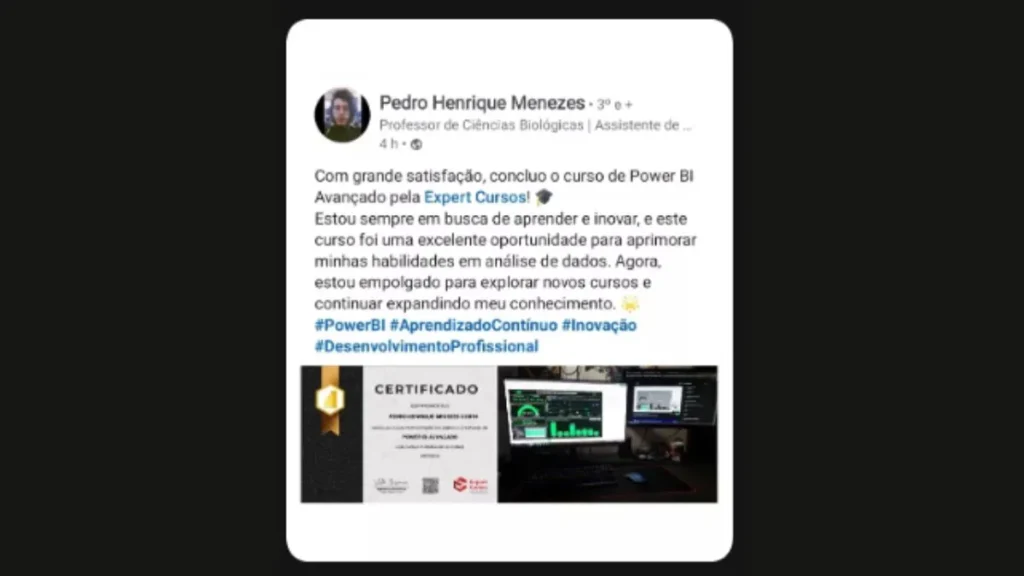 Depoimento de um dos alunos do curso Expert Cursos Power BI é bom?