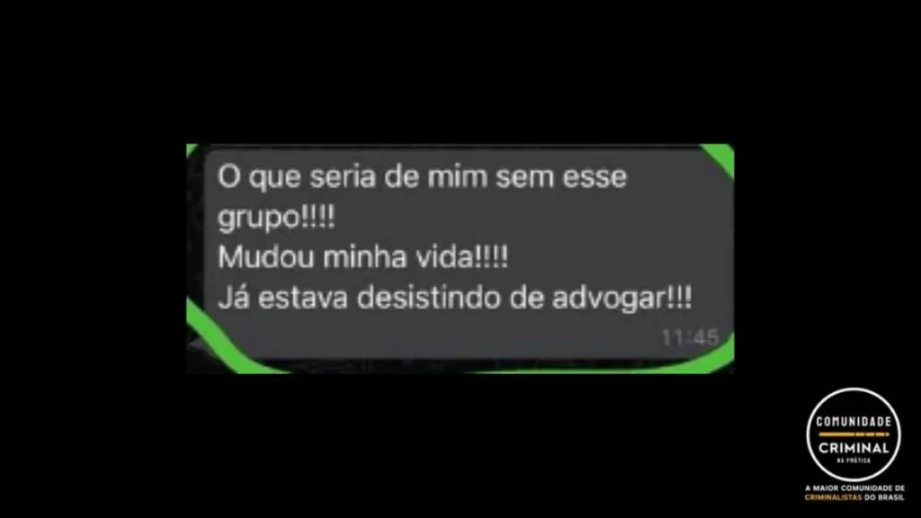 Imagem com um depoimento de um aluno do curso da comunidade criminal na prática com o Dr. Alvarez.